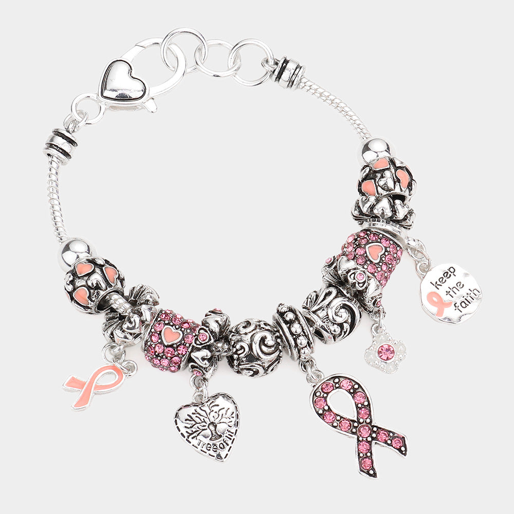 Antique Silver, Pink Pink Ribbon Full Charm Bracelet