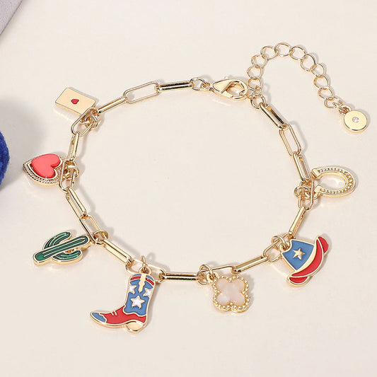 Madeline Love Blue, Gold Enamel American USA Flag Western Cowboy Boot Hat cactus Heart Horseshoe Quatrefoil Charm Station Bracelet - Bracelets