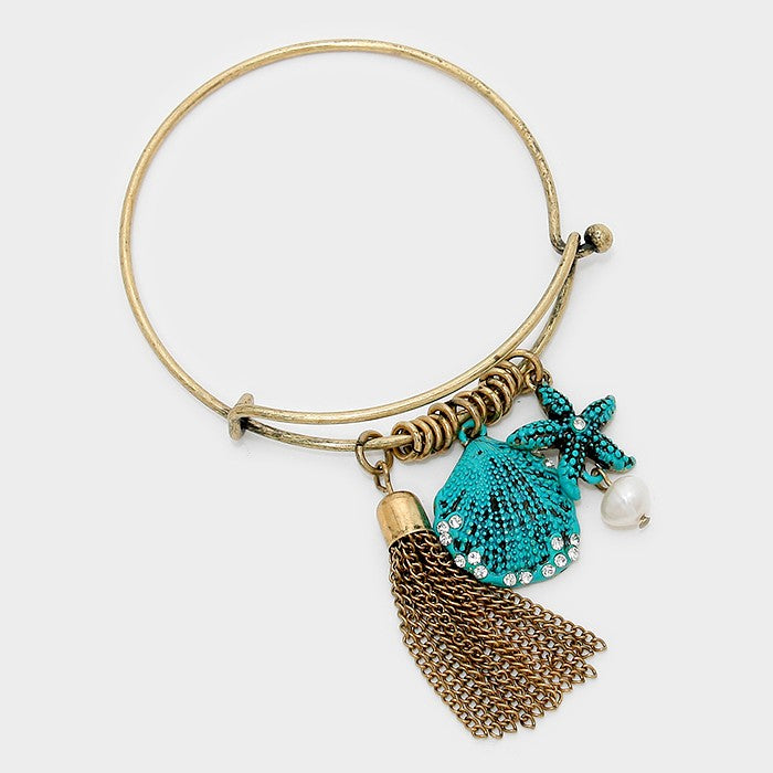 Madeline Love Gold Burnished, Turquoise Metal chain tassel & starfish charm hook bracelet - Jewelry