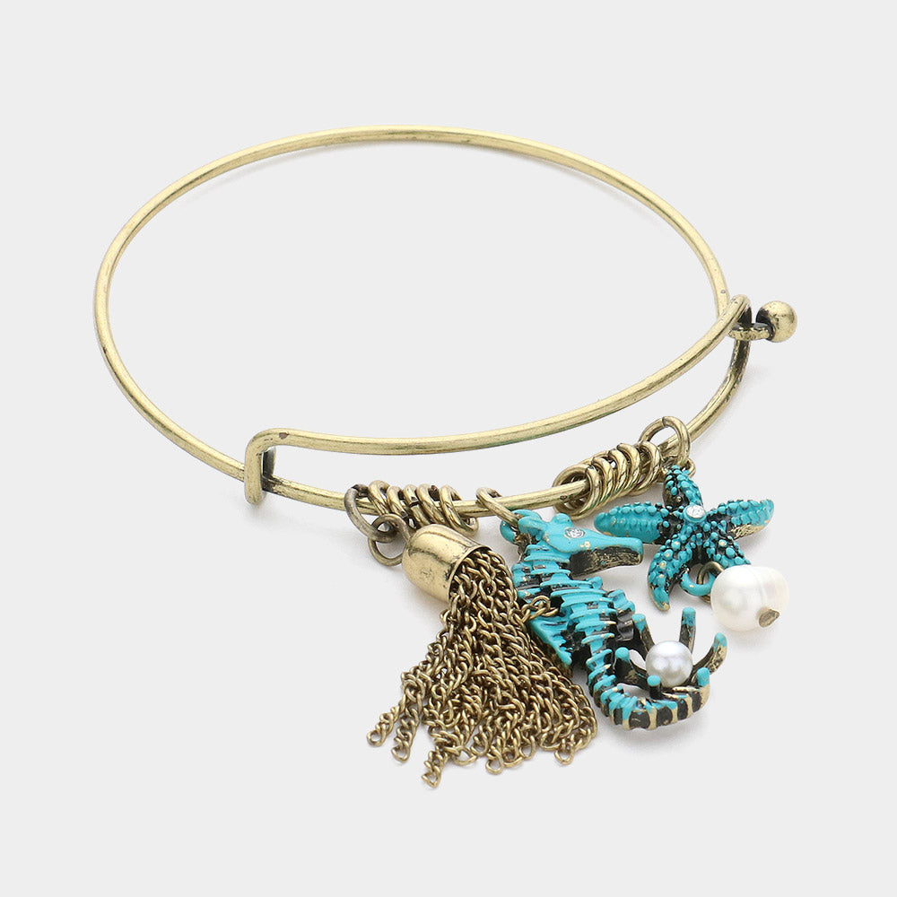 Madeline Love Gold Burnished, Turquoise Metal Chain Tassel & Seahorse Starfish Pearl Charm Hook Bracelet - Bracelets