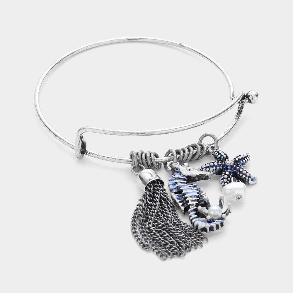 Madeline Love Silver Burnished, White Metal Chain Tassel & Seahorse Starfish Pearl Charm Hook Bracelet - Bracelets