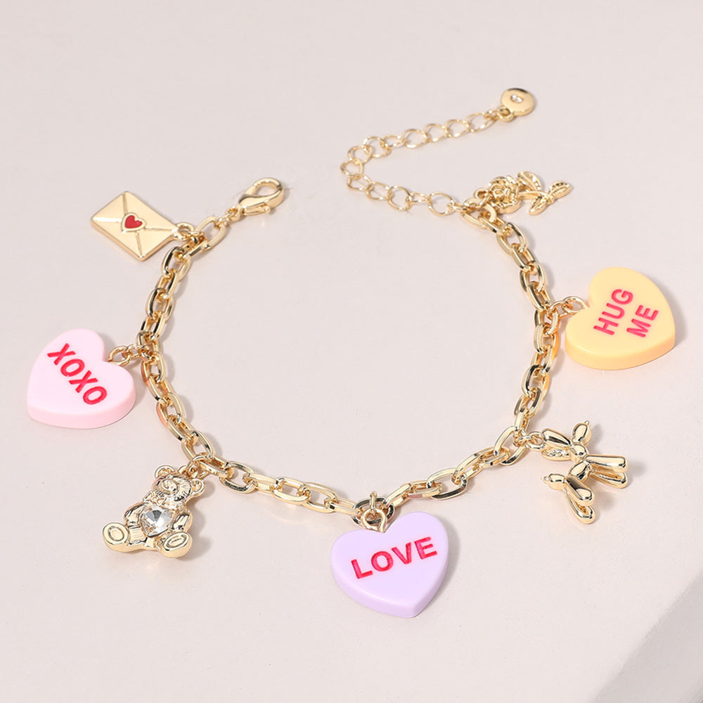 XOXO LOVE HUG ME Message Heart Metal Balloon Dog Teddy Bear Love Letter Charm Station Bracelet