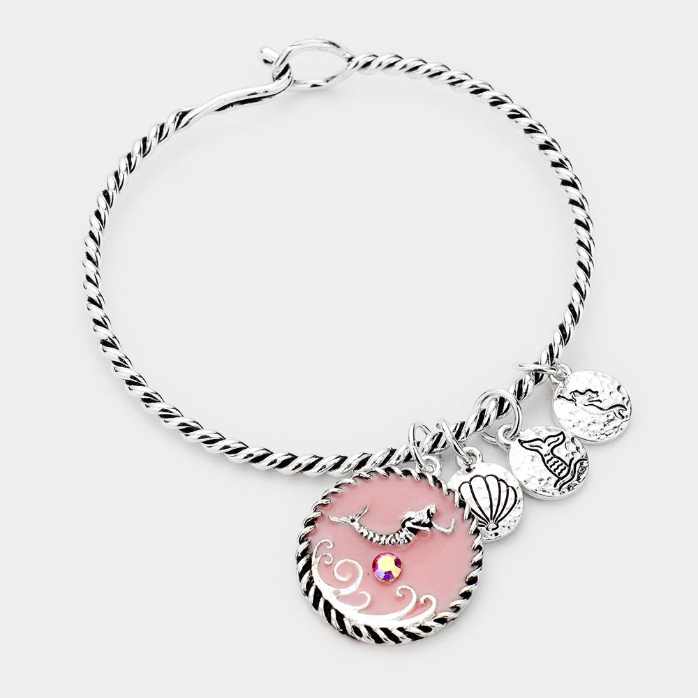 Antique Silver, Pink Mermaid Shell Charm Hook Bracelet