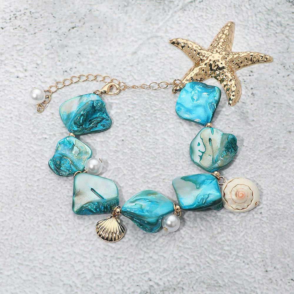 Madeline Love Blue, Gold Bold Starfish Charm Accent Shell Pearl Resin Link Bracelet - Bracelets