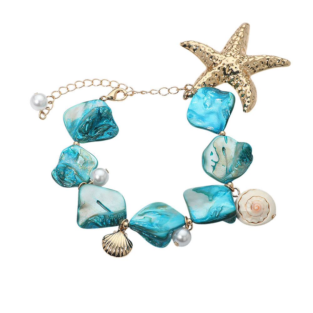Madeline Love Blue, Gold Bold Starfish Charm Accent Shell Pearl Resin Link Bracelet - Bracelets - desc