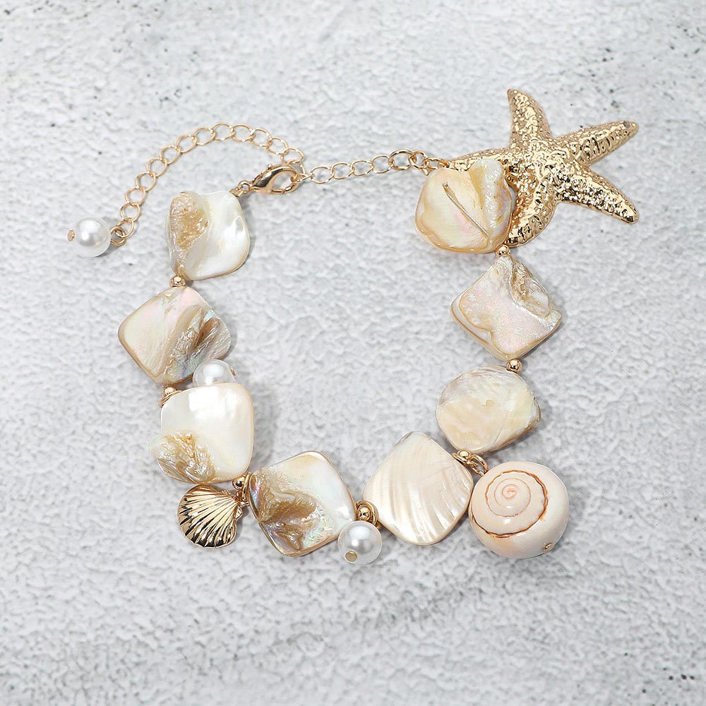 Madeline Love Gold, Neutral Bold Starfish Charm Accent Shell Pearl Resin Link Bracelet - Bracelets