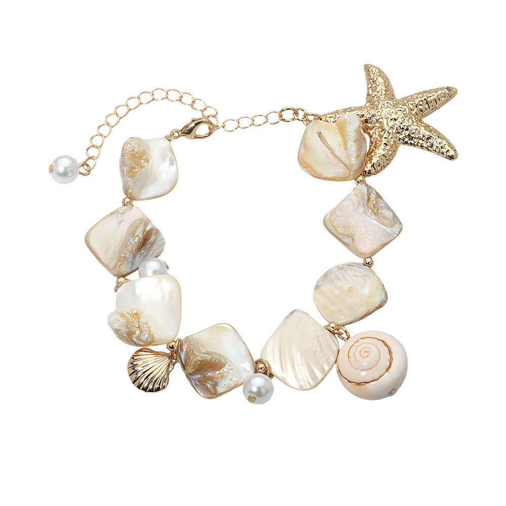 Madeline Love Gold, Neutral Bold Starfish Charm Accent Shell Pearl Resin Link Bracelet - Bracelets - desc