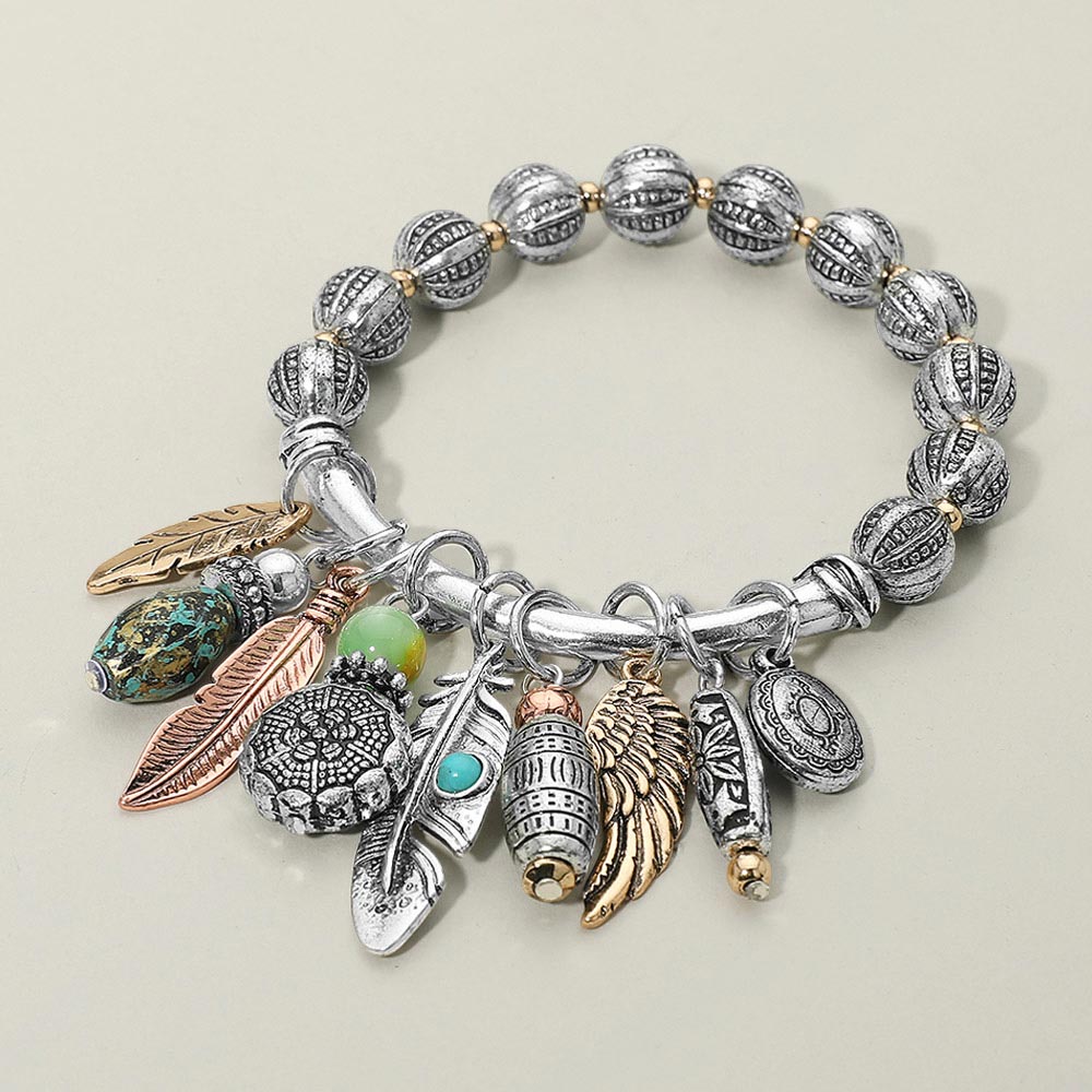 Madeline Love Three Tone Boho Leaf Feather Wing Beads Charm Beaded Stretch Bracelet - Bracelets