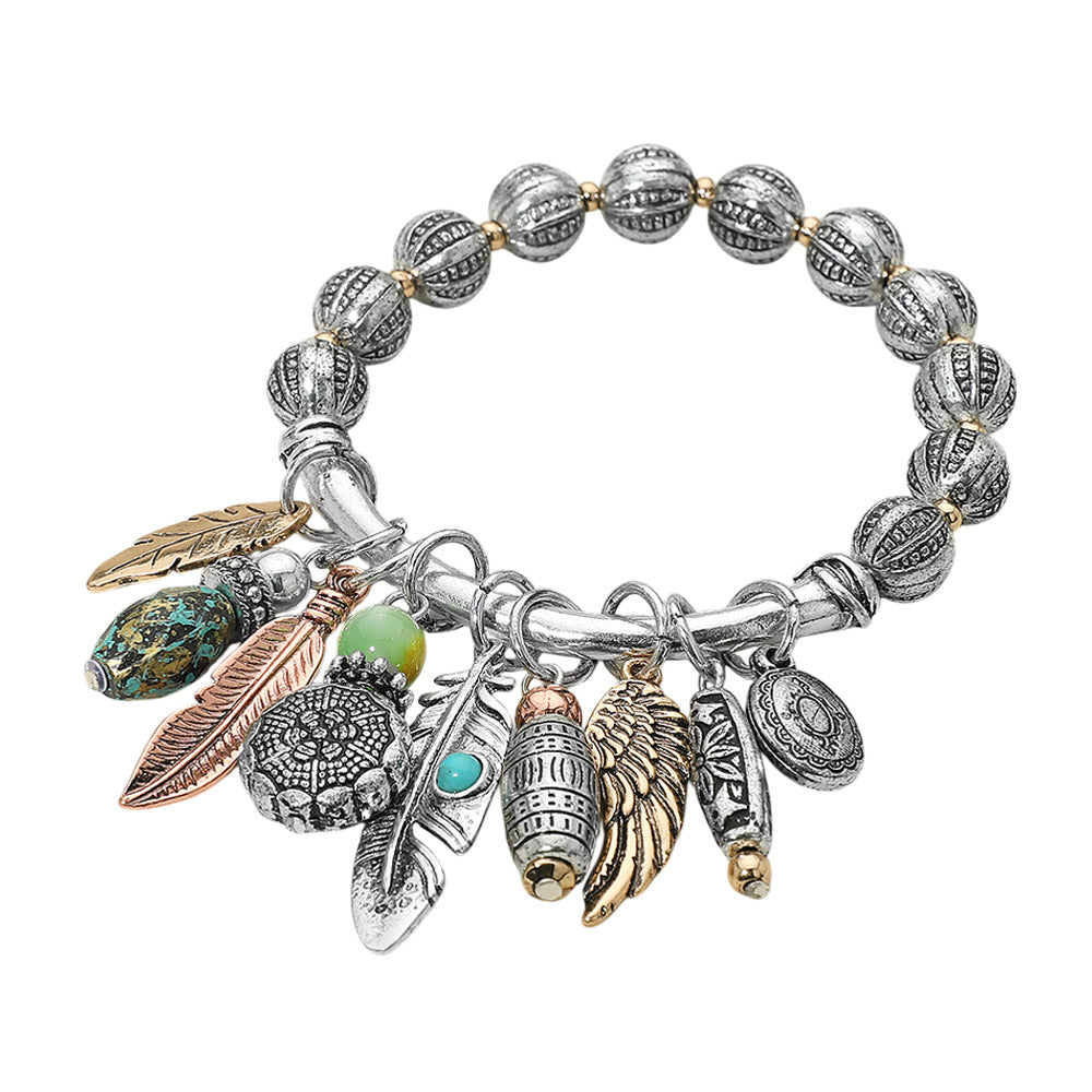Madeline Love Three Tone Boho Leaf Feather Wing Beads Charm Beaded Stretch Bracelet - Bracelets - desc