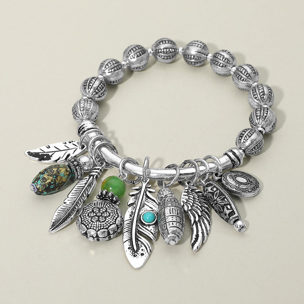 Madeline Love Silver Burnished Boho Leaf Feather Wing Beads Charm Beaded Stretch Bracelet - Bracelets
