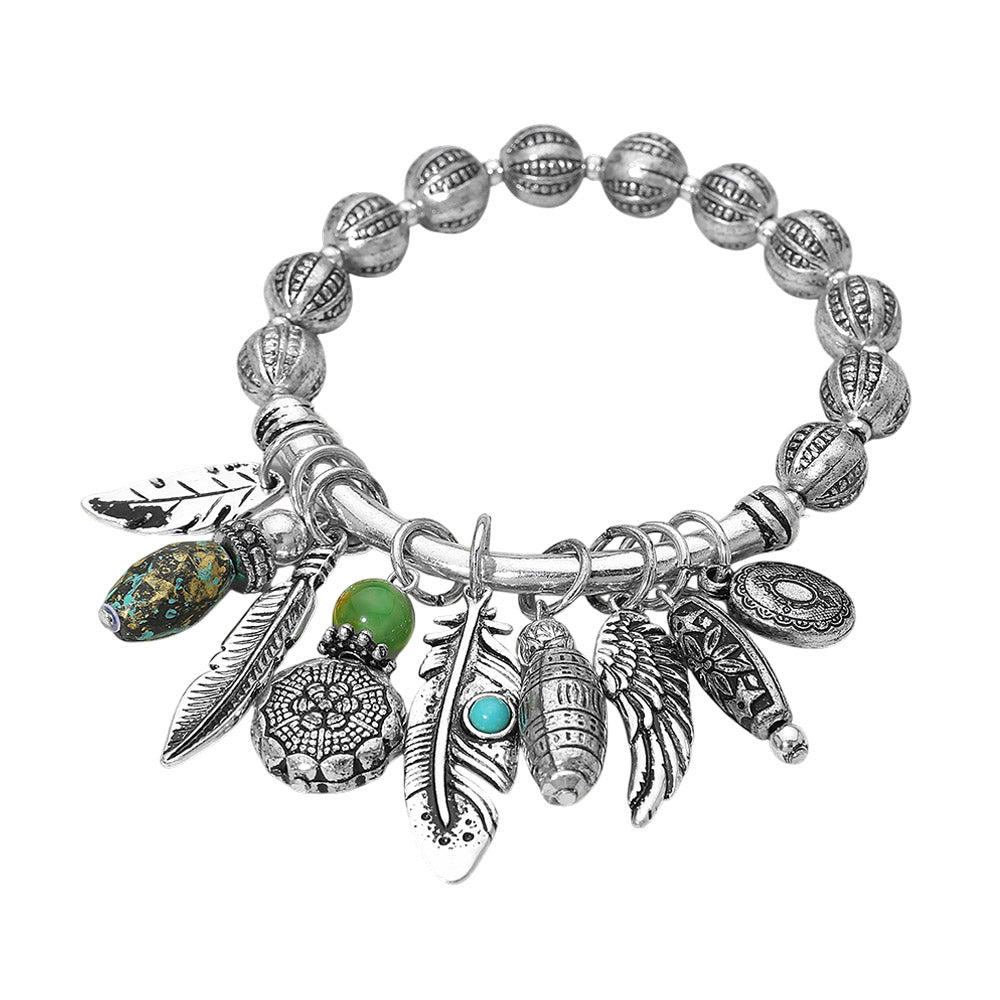 Madeline Love Silver Burnished Boho Leaf Feather Wing Beads Charm Beaded Stretch Bracelet - Bracelets - desc