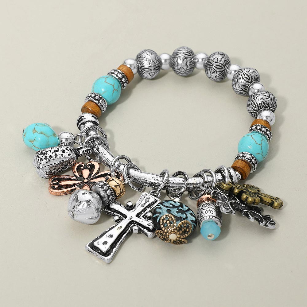 Madeline Love Three Tone Boho Cross Decorative Beads Charm Beaded Stretch Bracelet - Bracelets