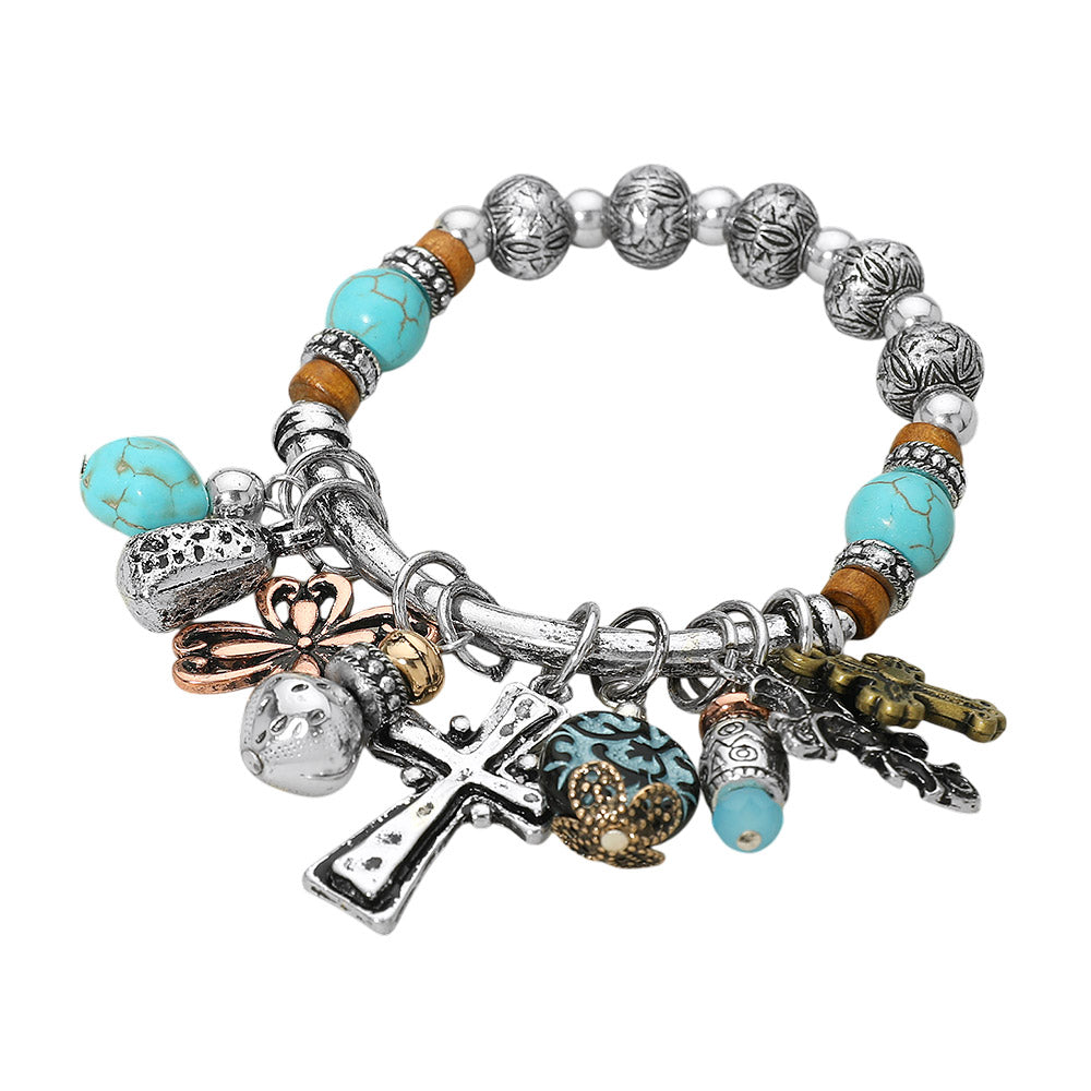 Madeline Love Three Tone Boho Cross Decorative Beads Charm Beaded Stretch Bracelet - Bracelets - desc
