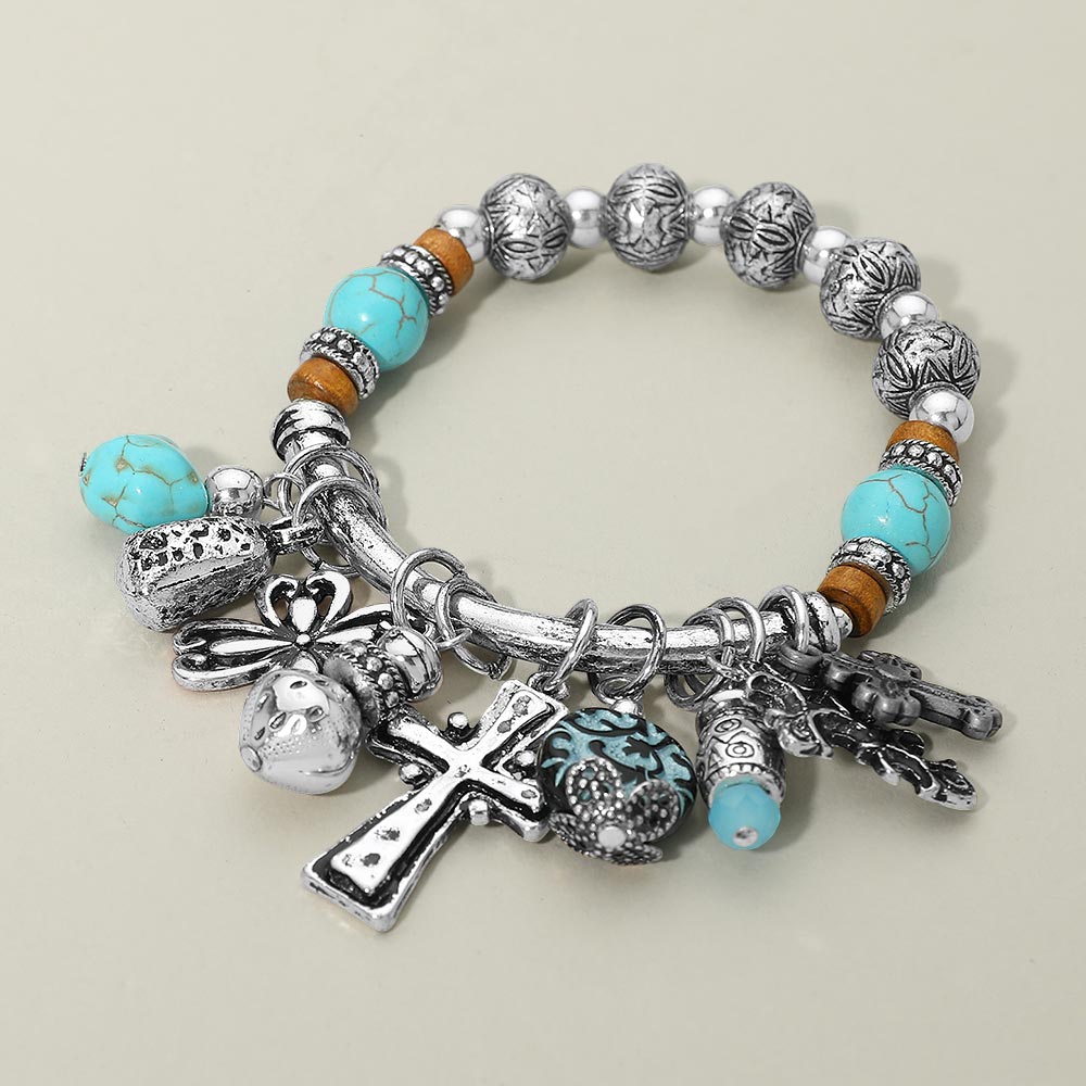 Madeline Love Silver Burnished Boho Cross Decorative Beads Charm Beaded Stretch Bracelet - Bracelets