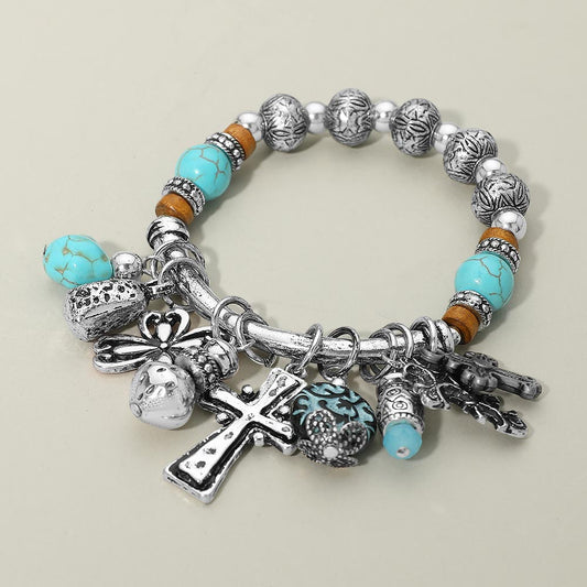 Madeline Love Silver Burnished Boho Cross Decorative Beads Charm Beaded Stretch Bracelet - Bracelets