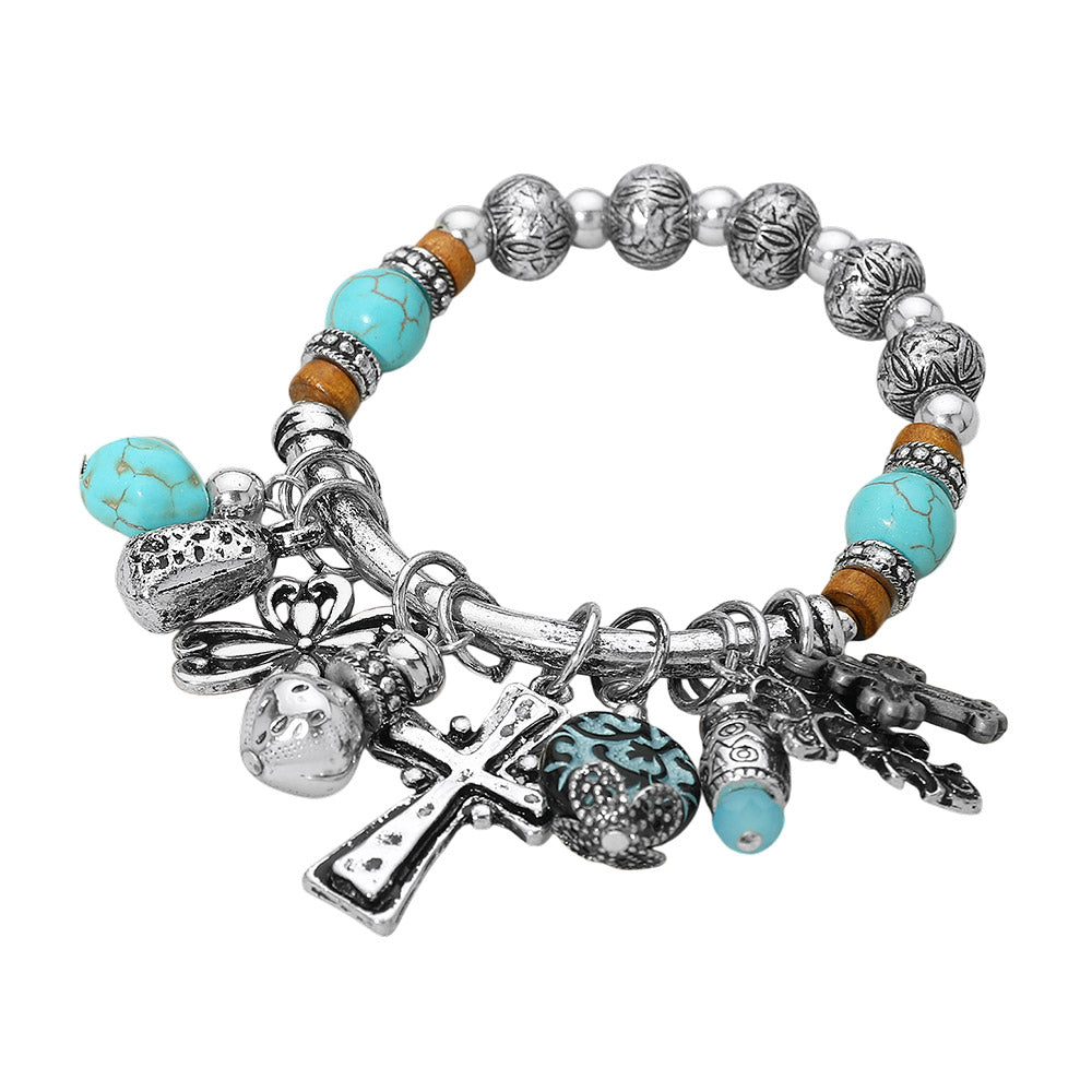 Madeline Love Silver Burnished Boho Cross Decorative Beads Charm Beaded Stretch Bracelet - Bracelets - desc