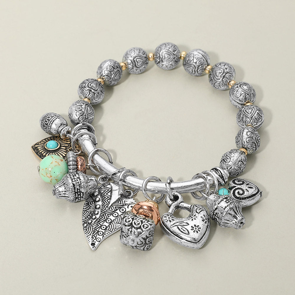 Madeline Love Three Tone Boho Heart Decorative Beads Charm Beaded Stretch Bracelet - Bracelets