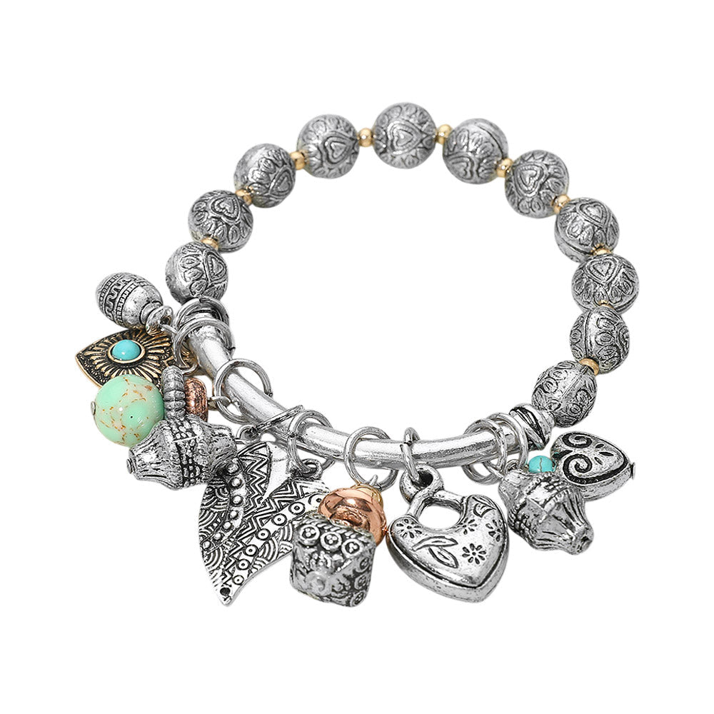 Madeline Love Three Tone Boho Heart Decorative Beads Charm Beaded Stretch Bracelet - Bracelets - desc