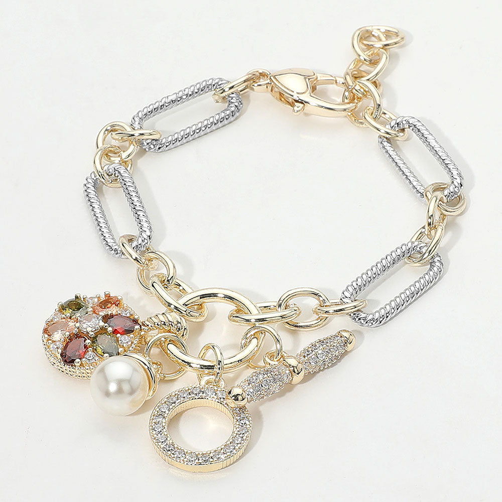 Madeline Love Two Tone 14K Gold Plated Two Tone CZ Stone Embellished Floral Medal Ring Pearl Charm Accent Bracelet