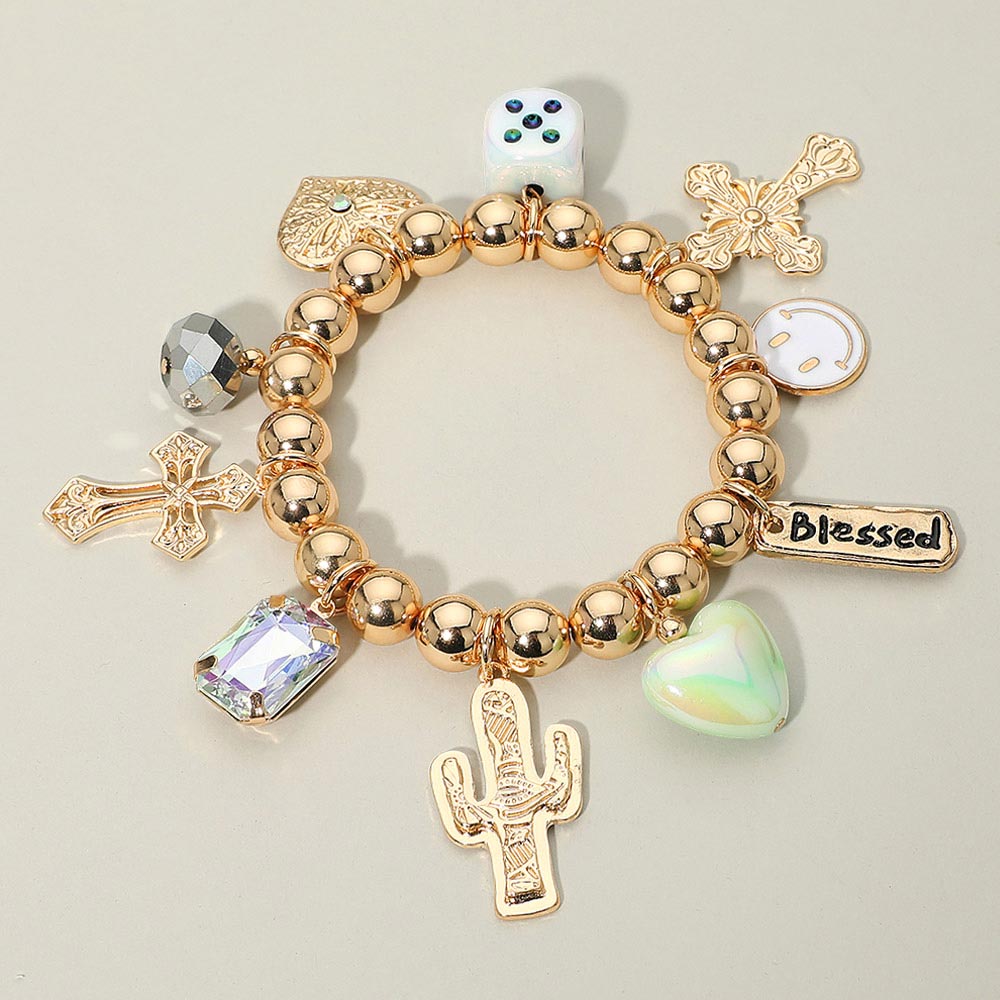 Madeline Love Gold Western Blessed Cactus Cowboy Boot Dice Cross Pearl Charm Beaded Stretch Bracelet - Bracelets