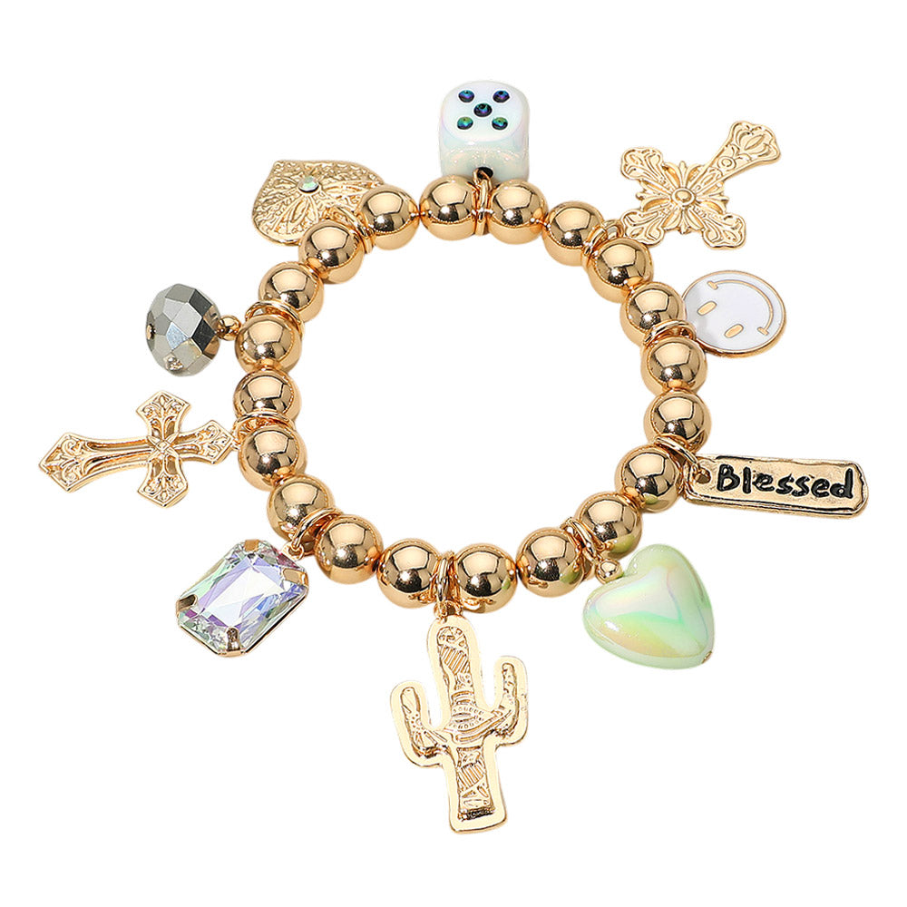 Madeline Love Gold Western Blessed Cactus Cowboy Boot Dice Cross Pearl Charm Beaded Stretch Bracelet - Bracelets - desc