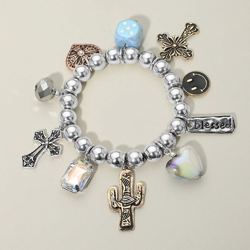 Madeline Love Three Tone Western Blessed Cactus Cowboy Boot Dice Cross Pearl Charm Beaded Stretch Bracelet - Bracelets