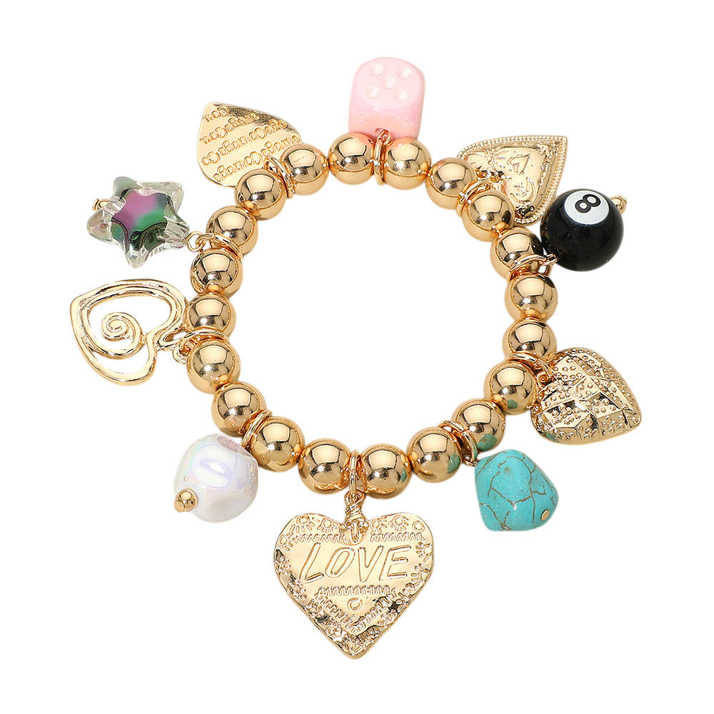 Madeline Love Gold Love Heart Star Charm Beaded Stretch Bracelet - Bracelets - desc