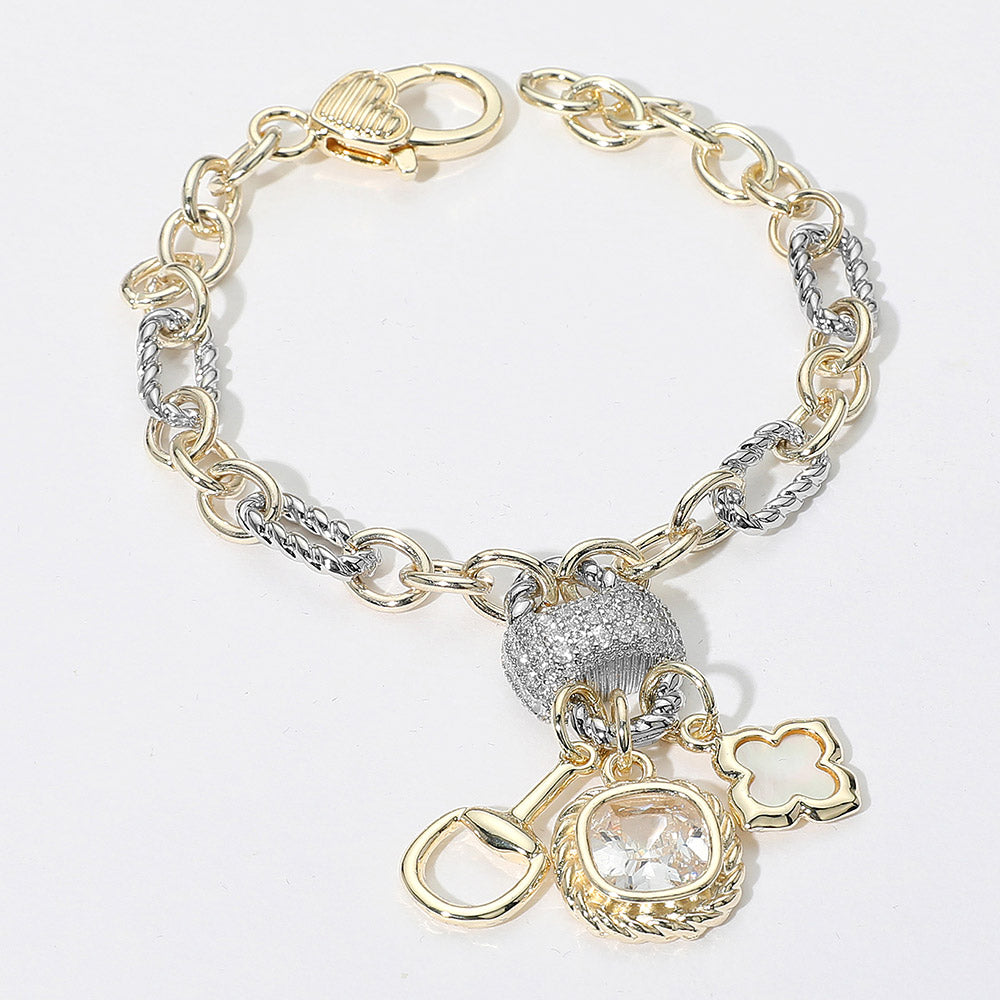 Madeline Love Two Tone 14K Gold Plated CZ Stone Mother of Pearl Clover Horsebit Charm Accent Mixed Chain Bracelet