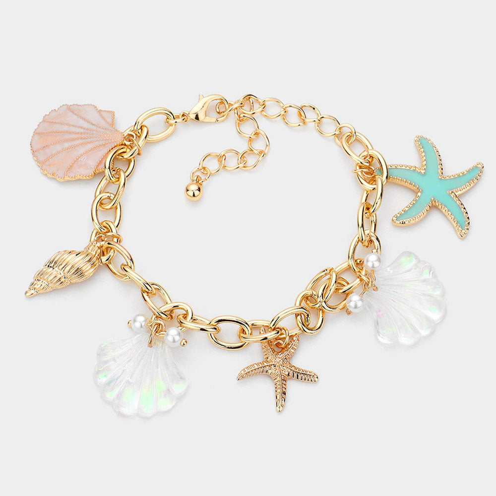 Madeline Love Gold Shell Conch Starfish Pearl Charm Station Bracelet - Bracelets