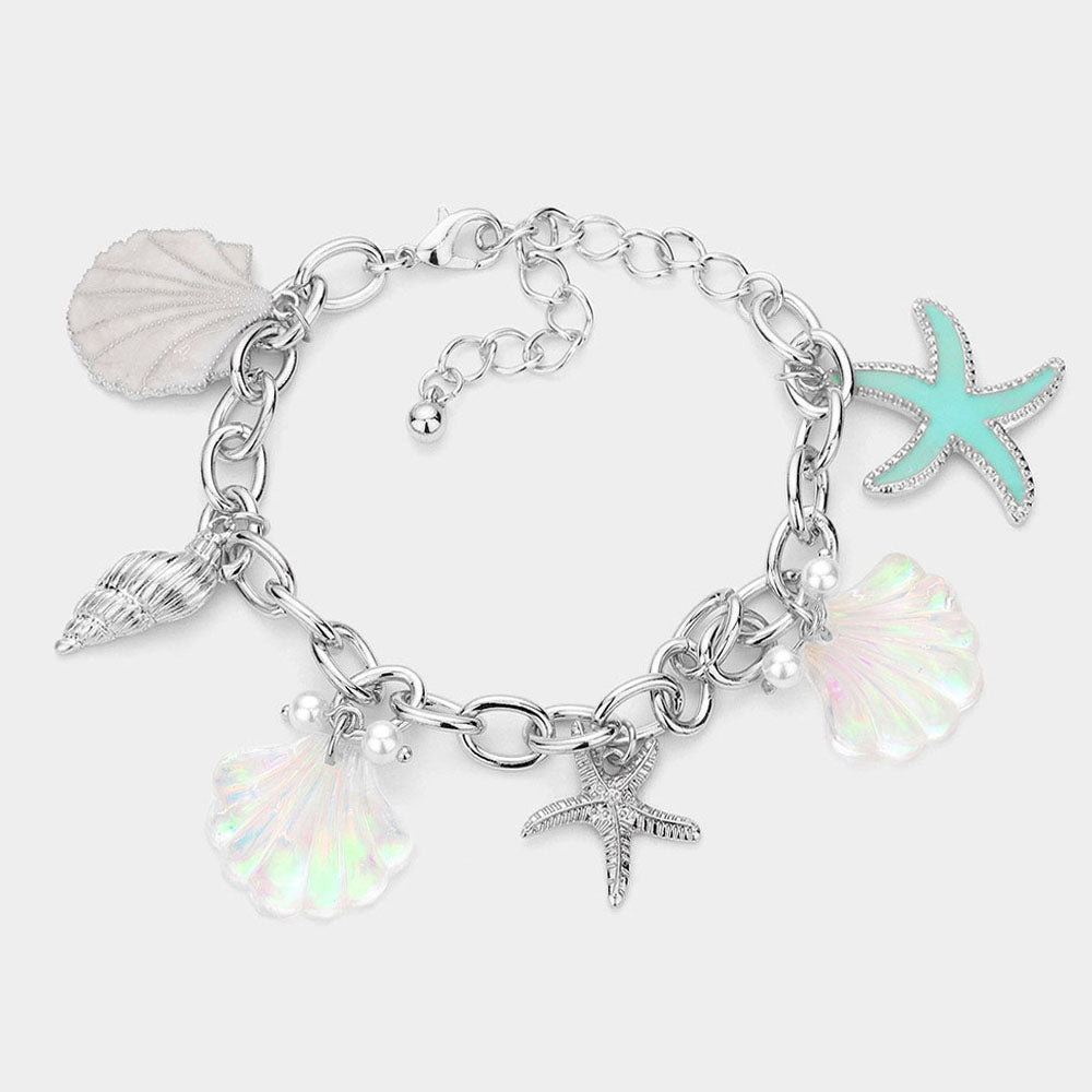 Madeline Love Rhodium Shell Conch Starfish Pearl Charm Station Bracelet - Bracelets