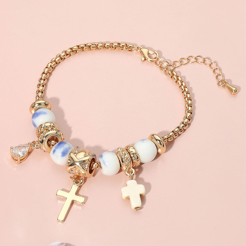Madeline Love Blue, Gold Cross Teardrop Stone Beads Accented Charm Bracelet - Bracelets