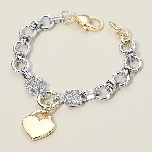 Madeline Love Two Tone 14K Gold Plated Heart Charm Two Tone CZ Stone Paved Accent Link Bracelet - Bracelets