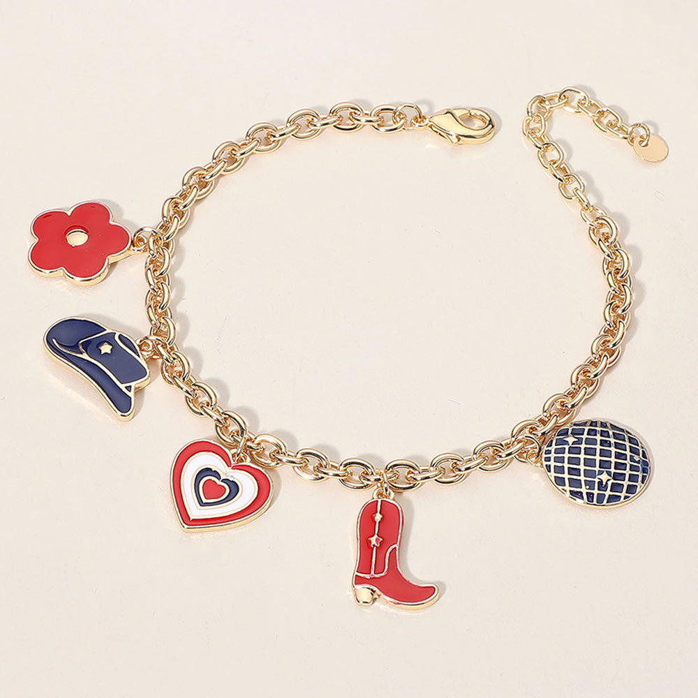 Madeline Love Gold, Multi Enamel American USA Western Cowboy Boot Hat Heart Flower Charm Station Bracelet - Bracelets