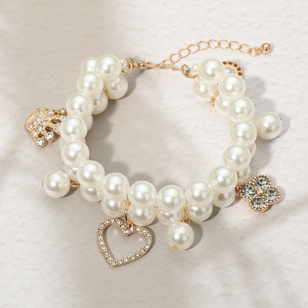 Madeline Love Cream, Gold Open Heart Crown Flower Charm Pearl Beaded Bracelet - Bracelets