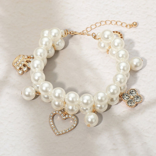 Madeline Love Cream, Gold Open Heart Crown Flower Charm Pearl Beaded Bracelet - Bracelets