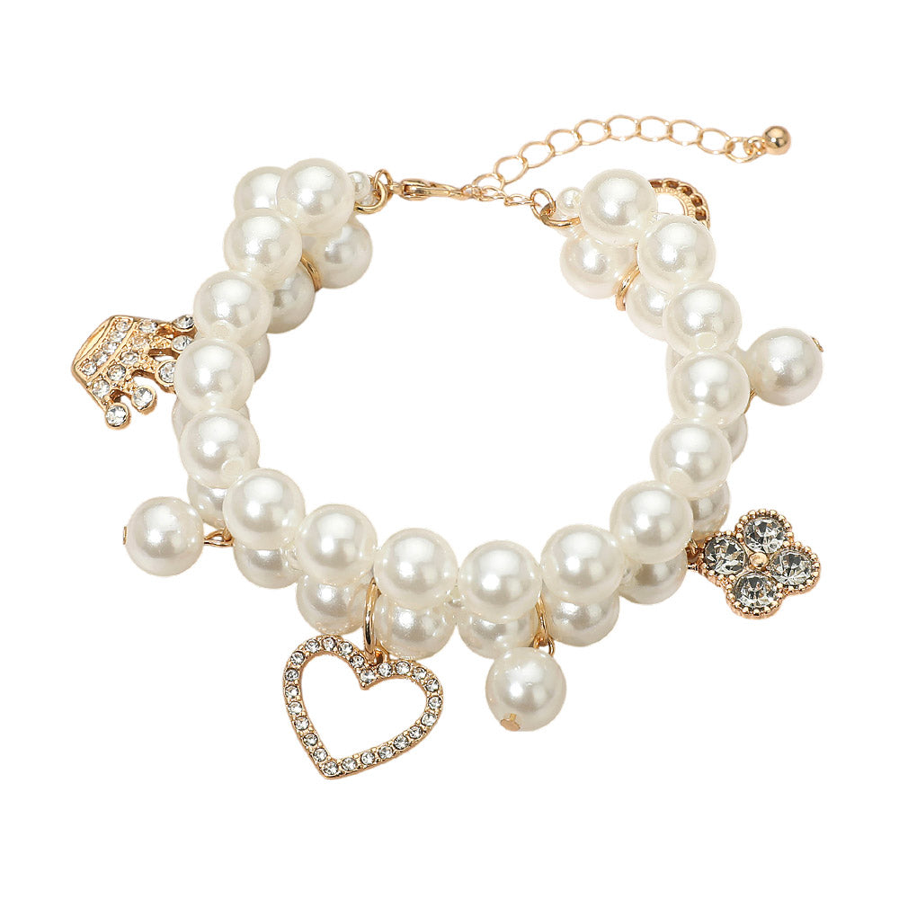 Madeline Love Cream, Gold Open Heart Crown Flower Charm Pearl Beaded Bracelet - Bracelets - desc