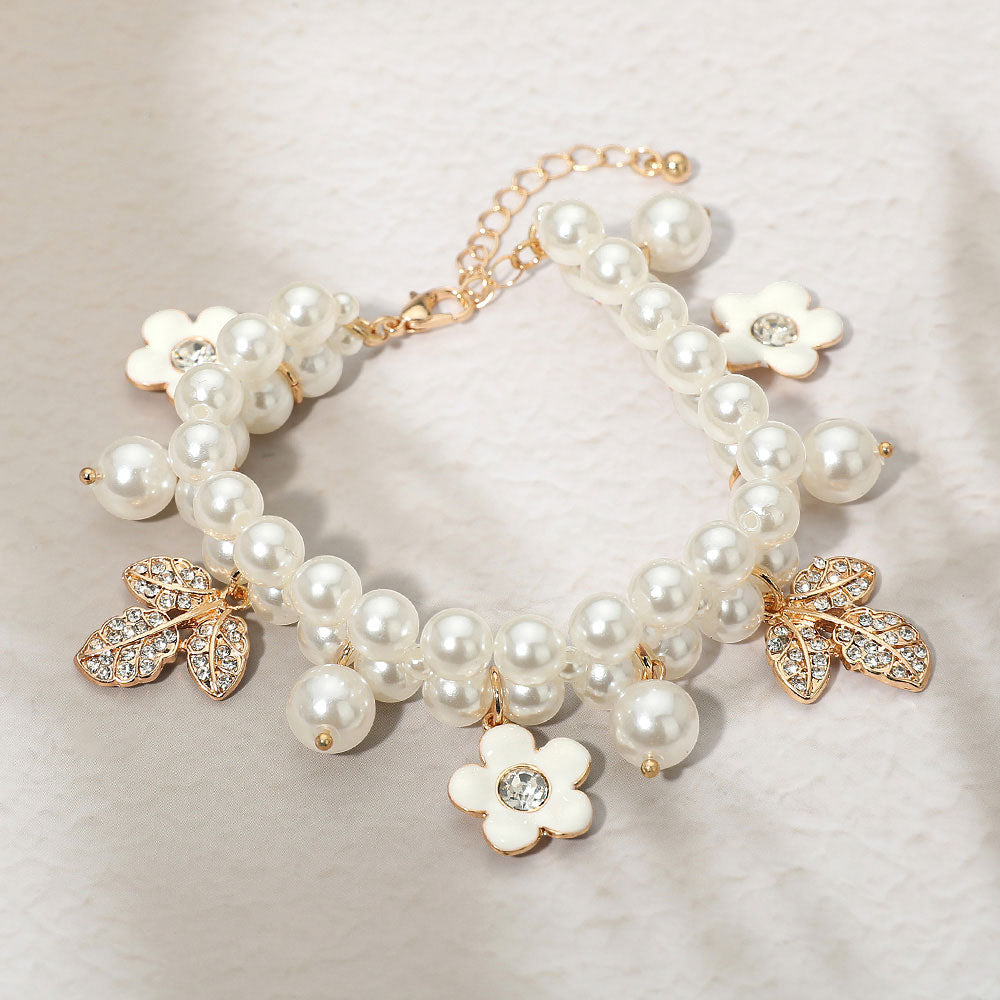 Madeline Love Cream, Gold Rhinestone Pave Leaf Flower Charm Pearl Beaded Bracelet - Bracelets