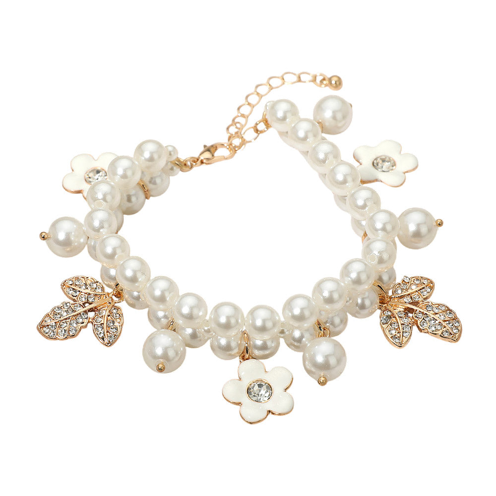 Madeline Love Cream, Gold Rhinestone Pave Leaf Flower Charm Pearl Beaded Bracelet - Bracelets - desc