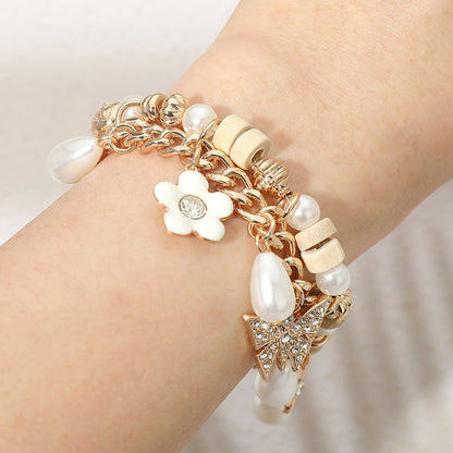 Madeline Love Cream, Gold, Neutral Rhinestone Pave Leaf Flower Pearl Charm Wooden Beaded Bracelet - Bracelets