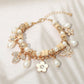 Madeline Love Cream, Gold, Neutral Rhinestone Pave Leaf Flower Pearl Charm Wooden Beaded Bracelet - Bracelets - desc