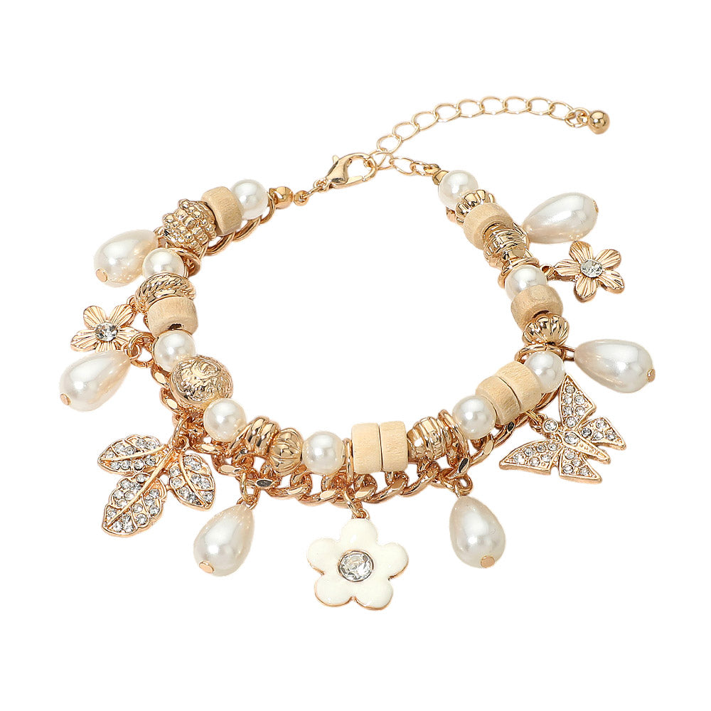 Madeline Love Cream, Gold, Neutral Rhinestone Pave Leaf Flower Pearl Charm Wooden Beaded Bracelet - Bracelets - extra