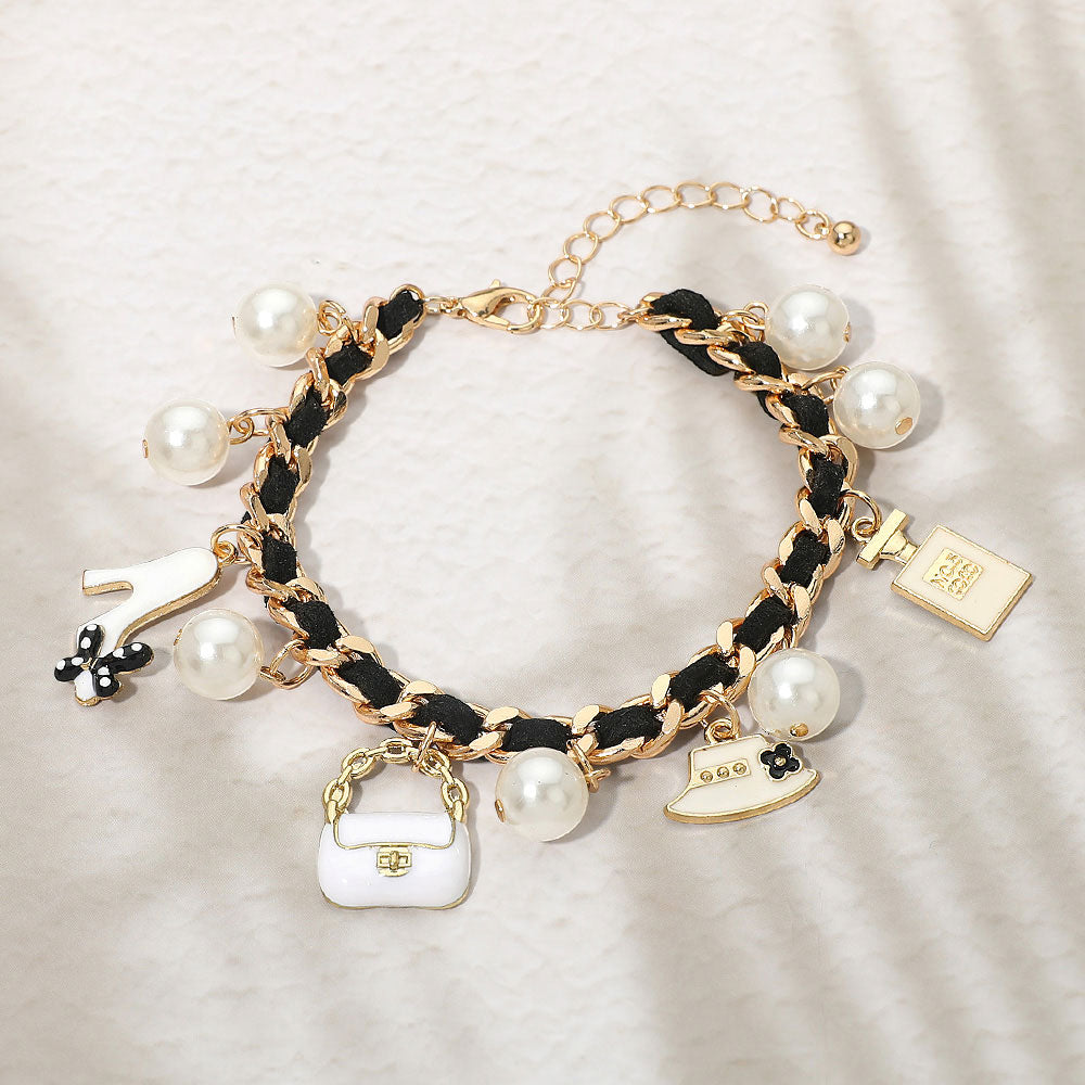 Madeline Love Black, Cream, Gold Fashion Pearl Charm Station Bracelet - Bracelets