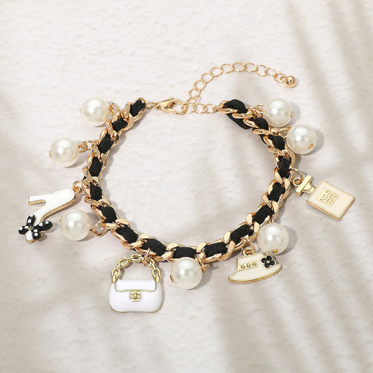 Madeline Love Black, Cream, Gold Fashion Pearl Charm Station Bracelet - Bracelets