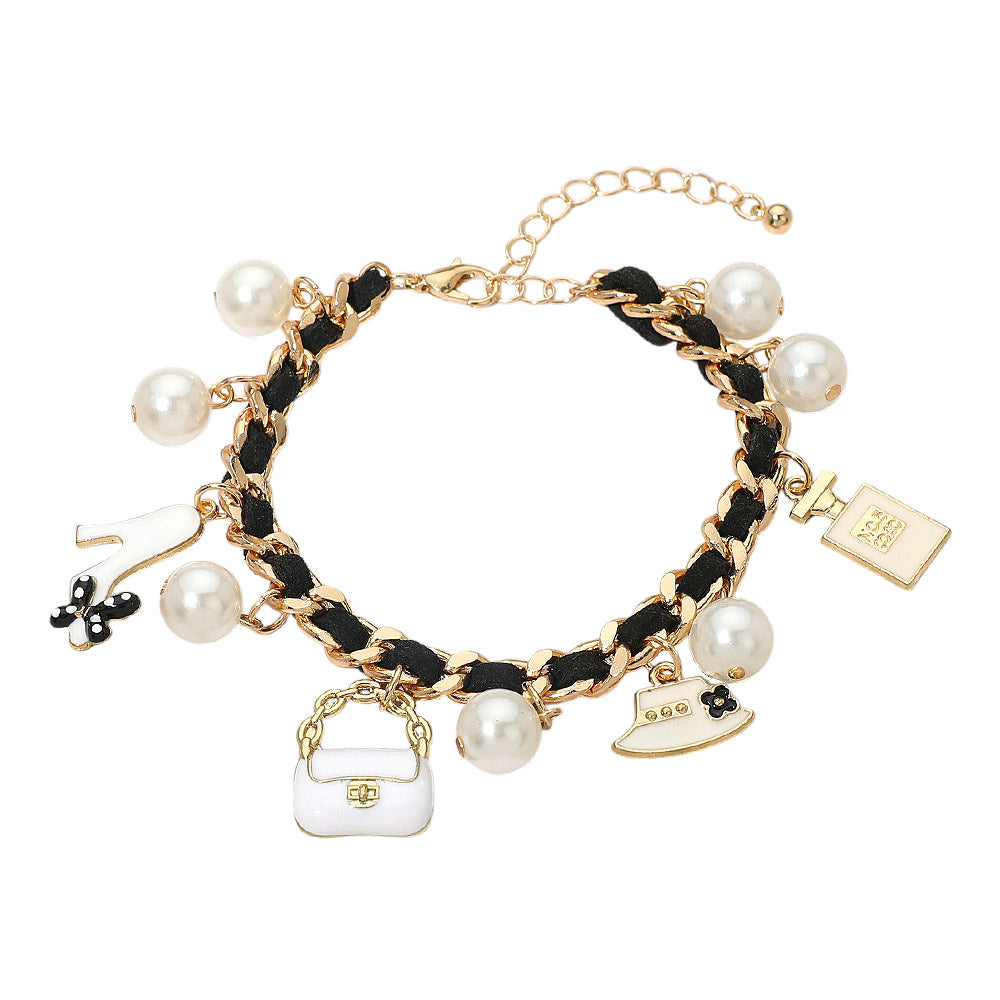 Madeline Love Black, Cream, Gold Fashion Pearl Charm Station Bracelet - Bracelets - desc