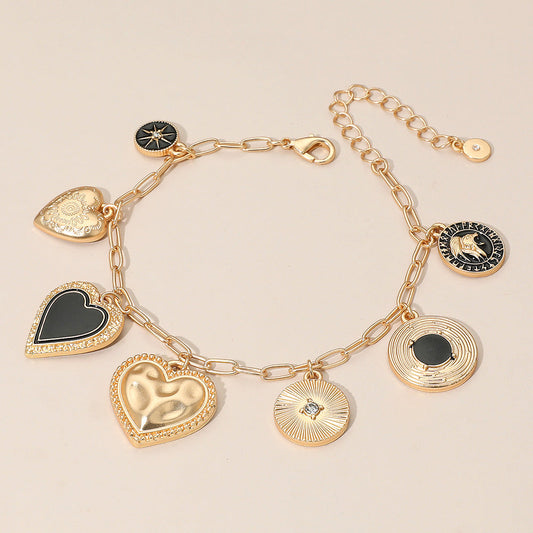 Madeline Love Black, Matte gold Enamel Heart Coin Medallion Charm Station Paperclip Chain Bracelet - Bracelets