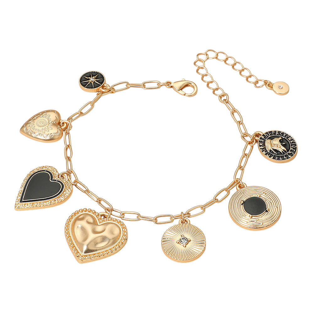 Madeline Love Black, Matte gold Enamel Heart Coin Medallion Charm Station Paperclip Chain Bracelet - Bracelets - desc