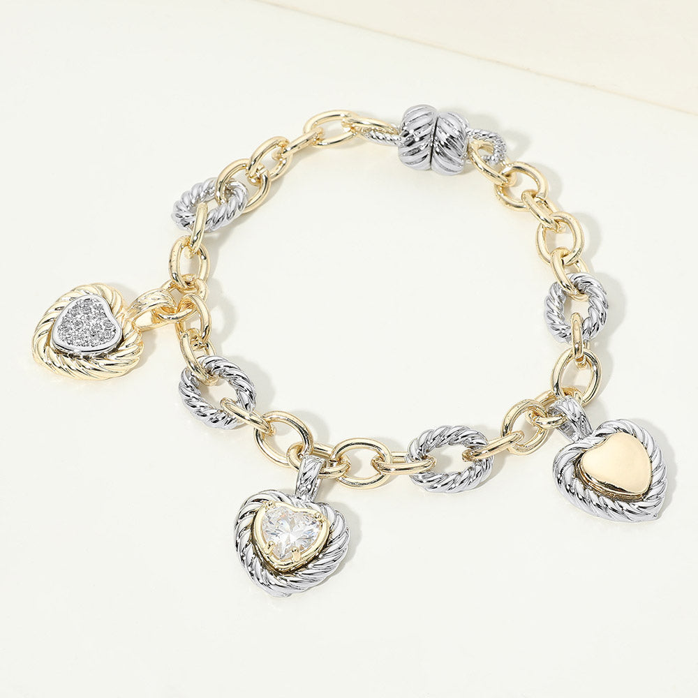 Madeline Love Two Tone 14K Gold Plated Two Tone CZ Heart Charm Station Magnetic Bracelet