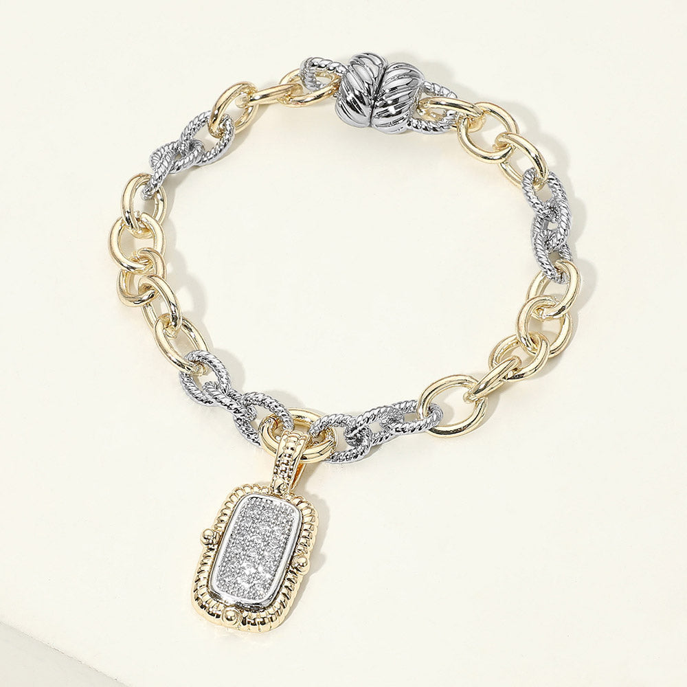 Madeline Love Two Tone 14K Gold Plated Two Tone CZ Pave Rectangle Frame Charm Magnetic Bracelet