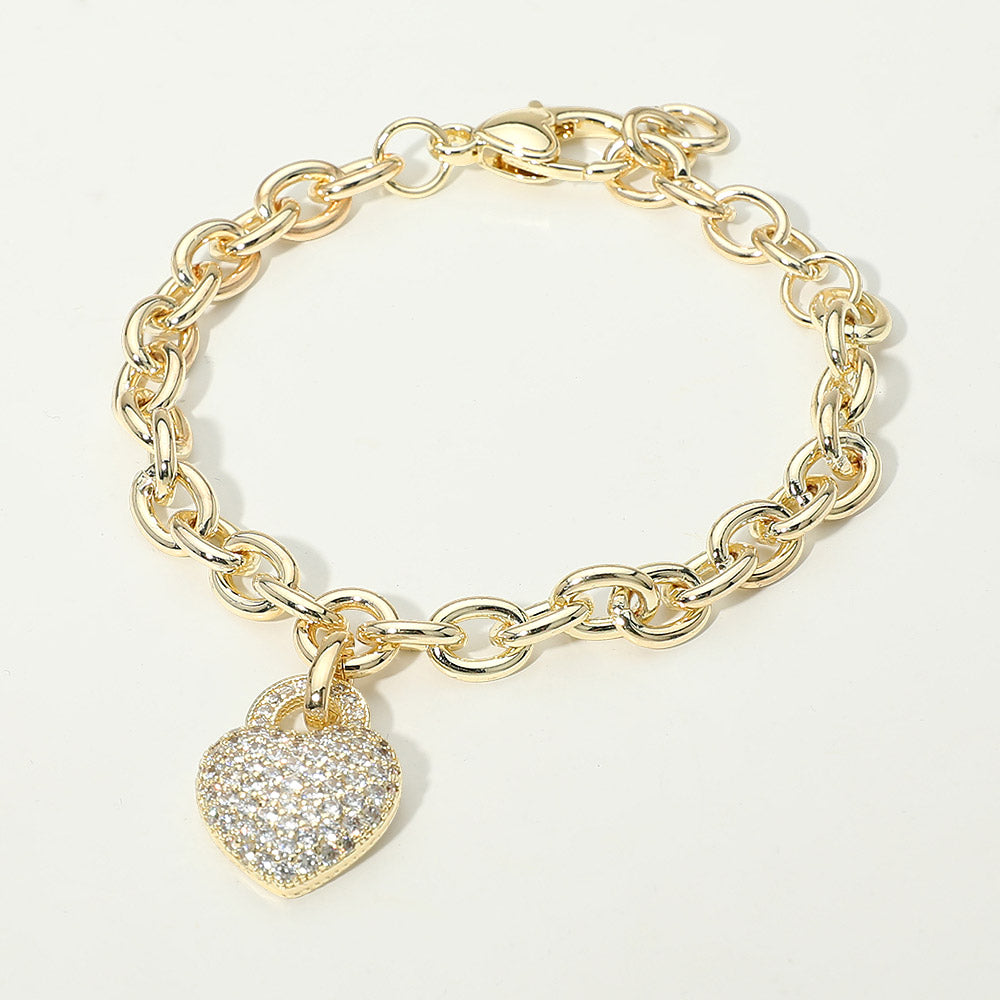 Madeline Love Gold 14K Gold Plated CZ Pave Heart Charm Chunky Chain Bracelet - Bracelets