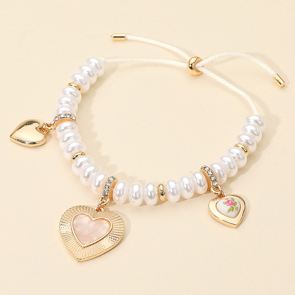 Madeline Love Cream, Gold Multi Heart Charm Station Pearl Beaded Adjustable Bracelet - Bracelets